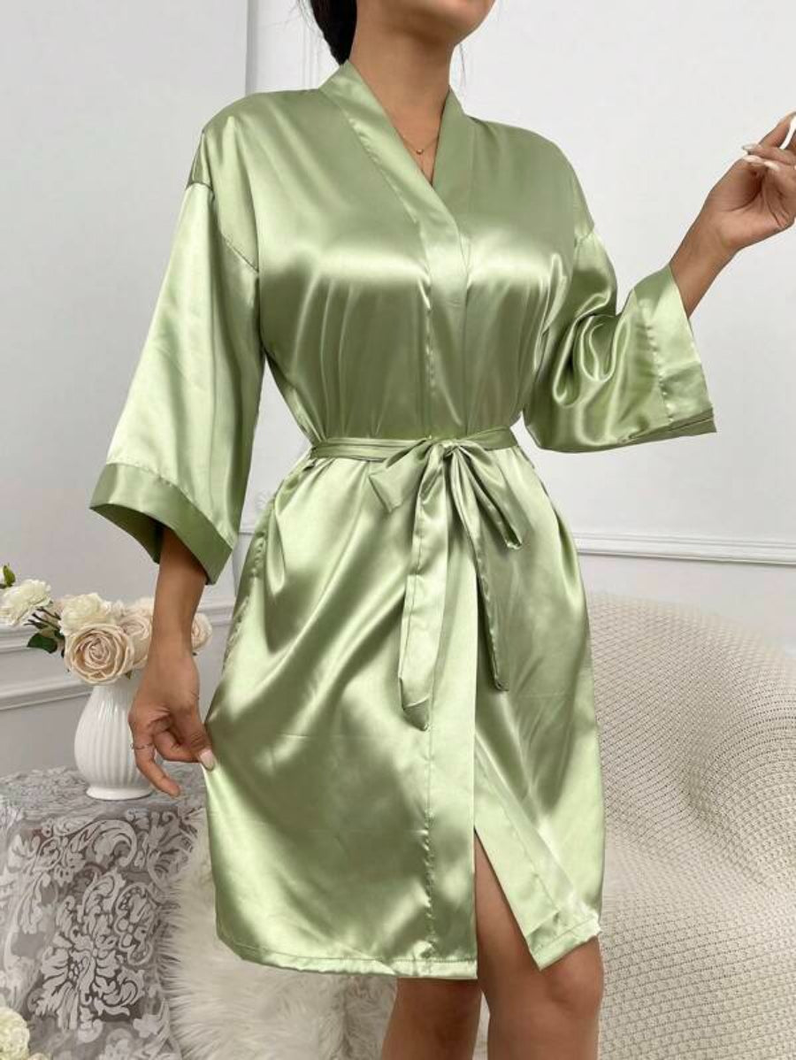 Letter Embroidered Belted Satin Bridesmaid Robe-Soco Hoodie