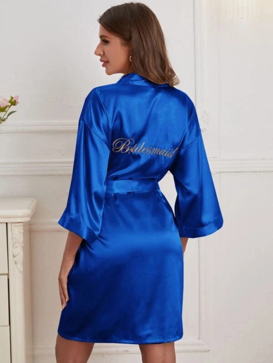 Letter Embroidered Belted Satin Bridesmaid Robe-Soco Hoodie