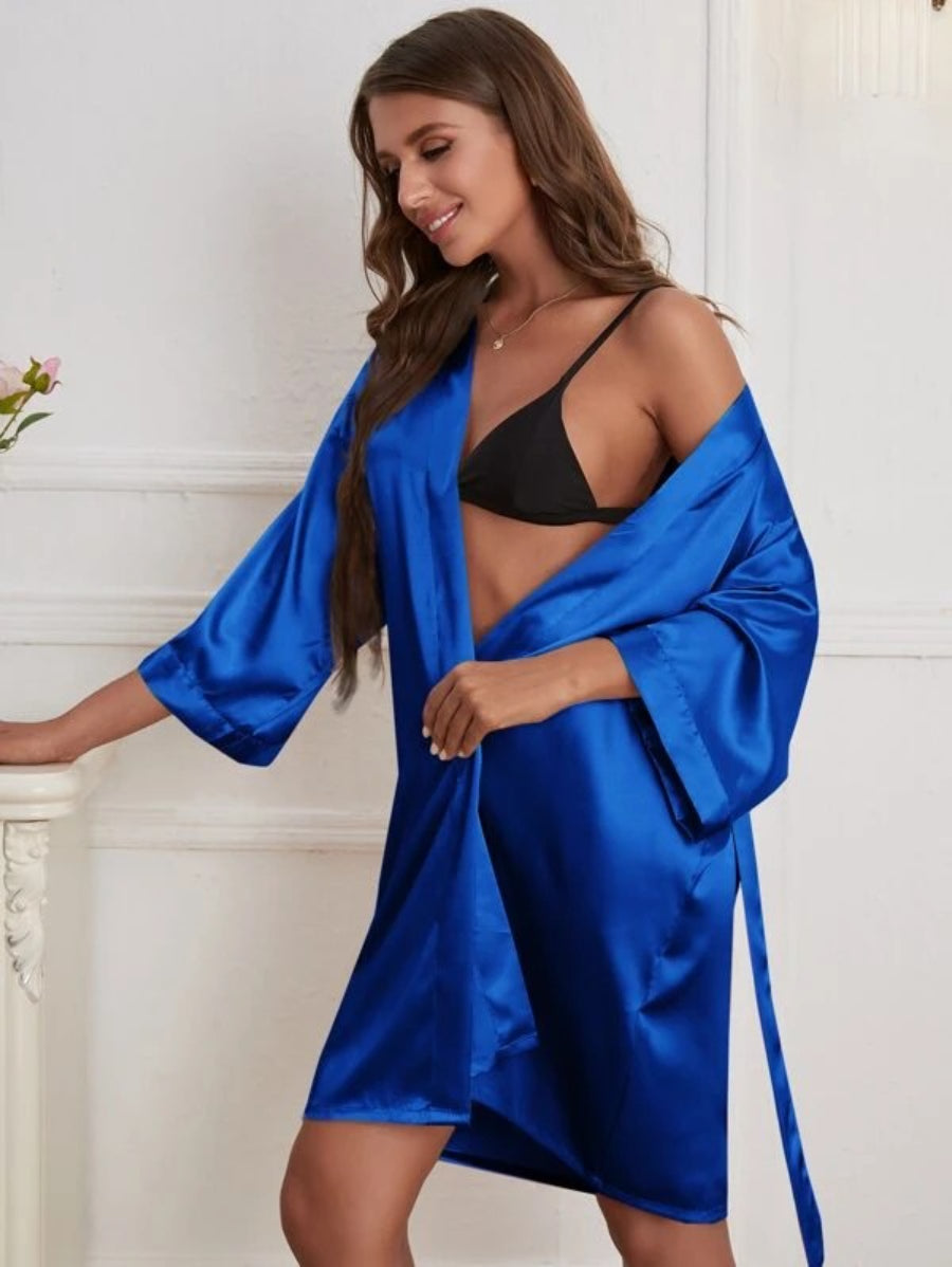 Letter Embroidered Belted Satin Bridesmaid Robe-Soco Hoodie
