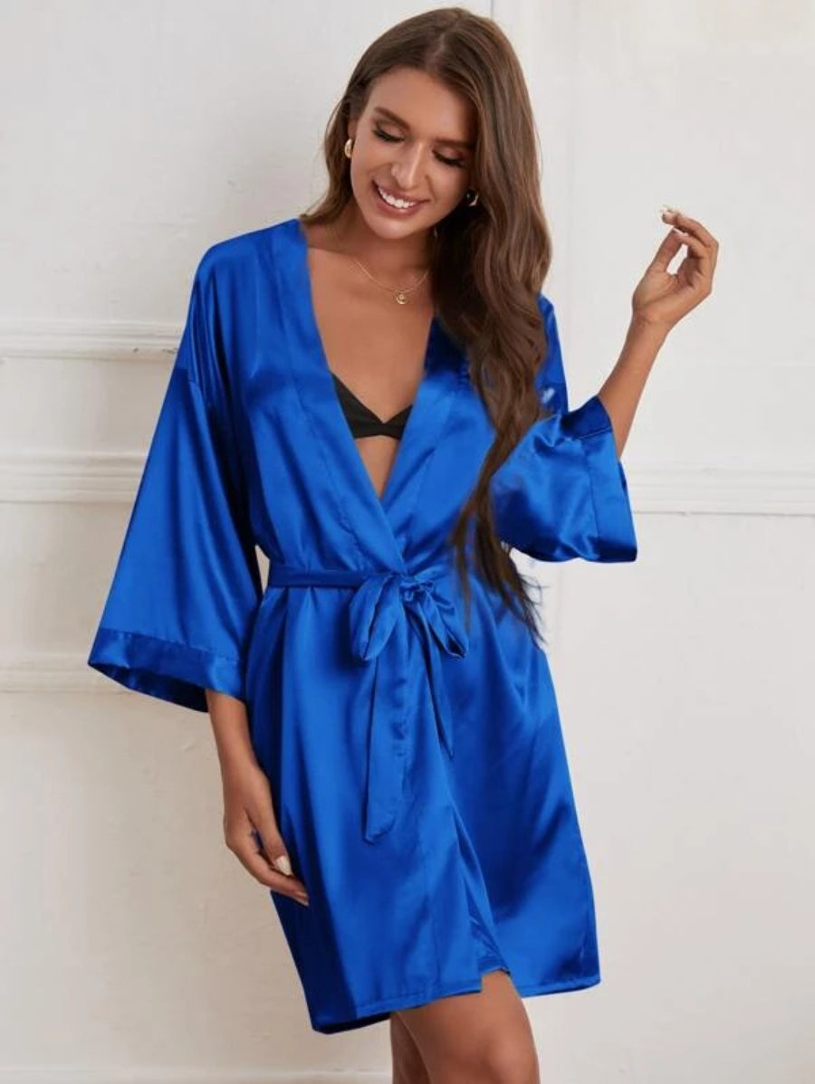 Letter Embroidered Belted Satin Bridesmaid Robe-Soco Hoodie