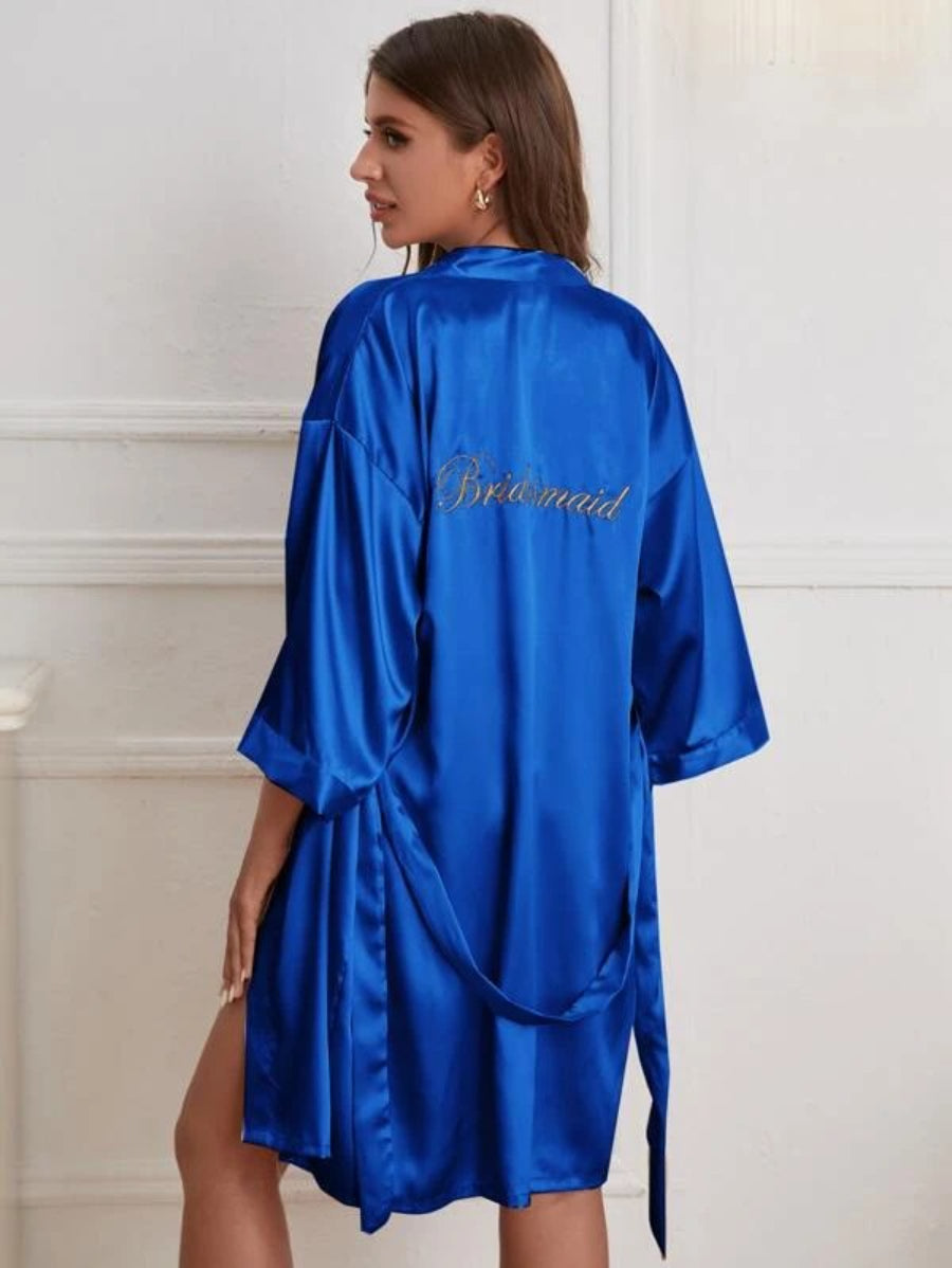 Letter Embroidered Belted Satin Bridesmaid Robe-Soco Hoodie
