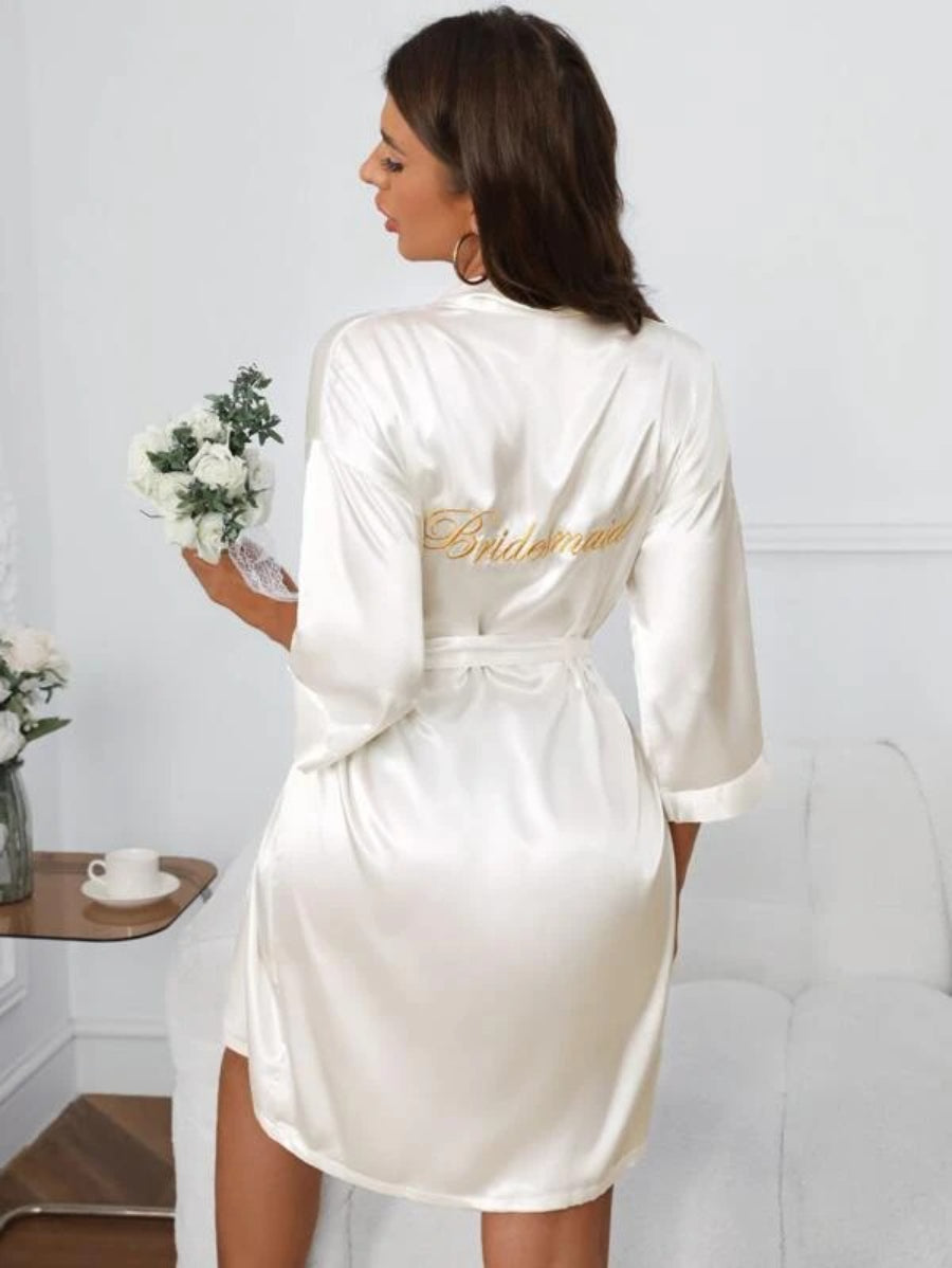 Letter Embroidered Belted Satin Bridesmaid Robe-Soco Hoodie