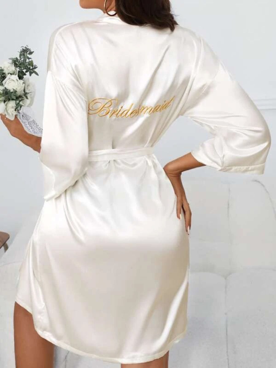 Letter Embroidered Belted Satin Bridesmaid Robe-Soco Hoodie