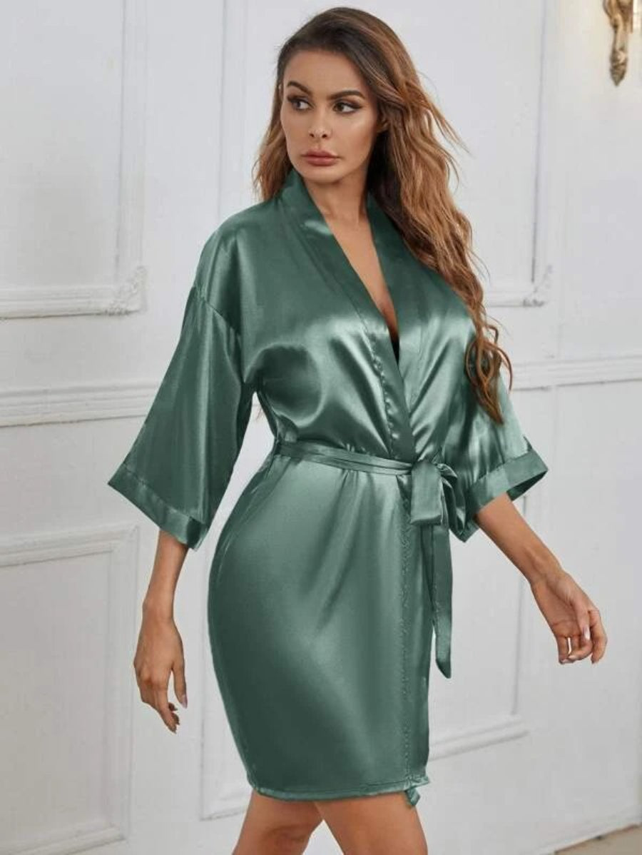 Letter Embroidered Belted Satin Bridesmaid Robe-Soco Hoodie