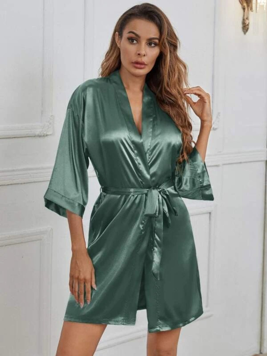 Letter Embroidered Belted Satin Bridesmaid Robe-Soco Hoodie