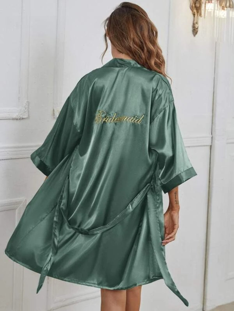 Letter Embroidered Belted Satin Bridesmaid Robe-Soco Hoodie