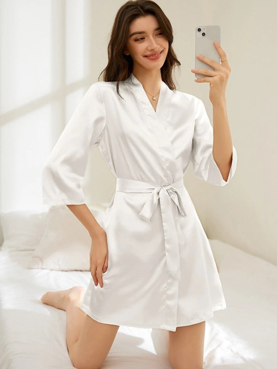 Letter Embroidery Belted Satin Bride Robe-Soco Hoodie
