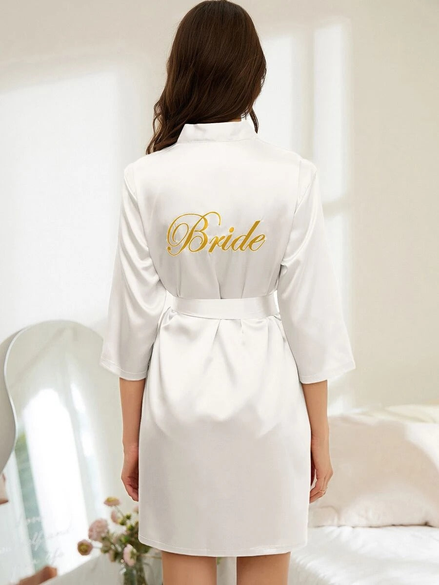 Letter Embroidery Belted Satin Bride Robe-Soco Hoodie