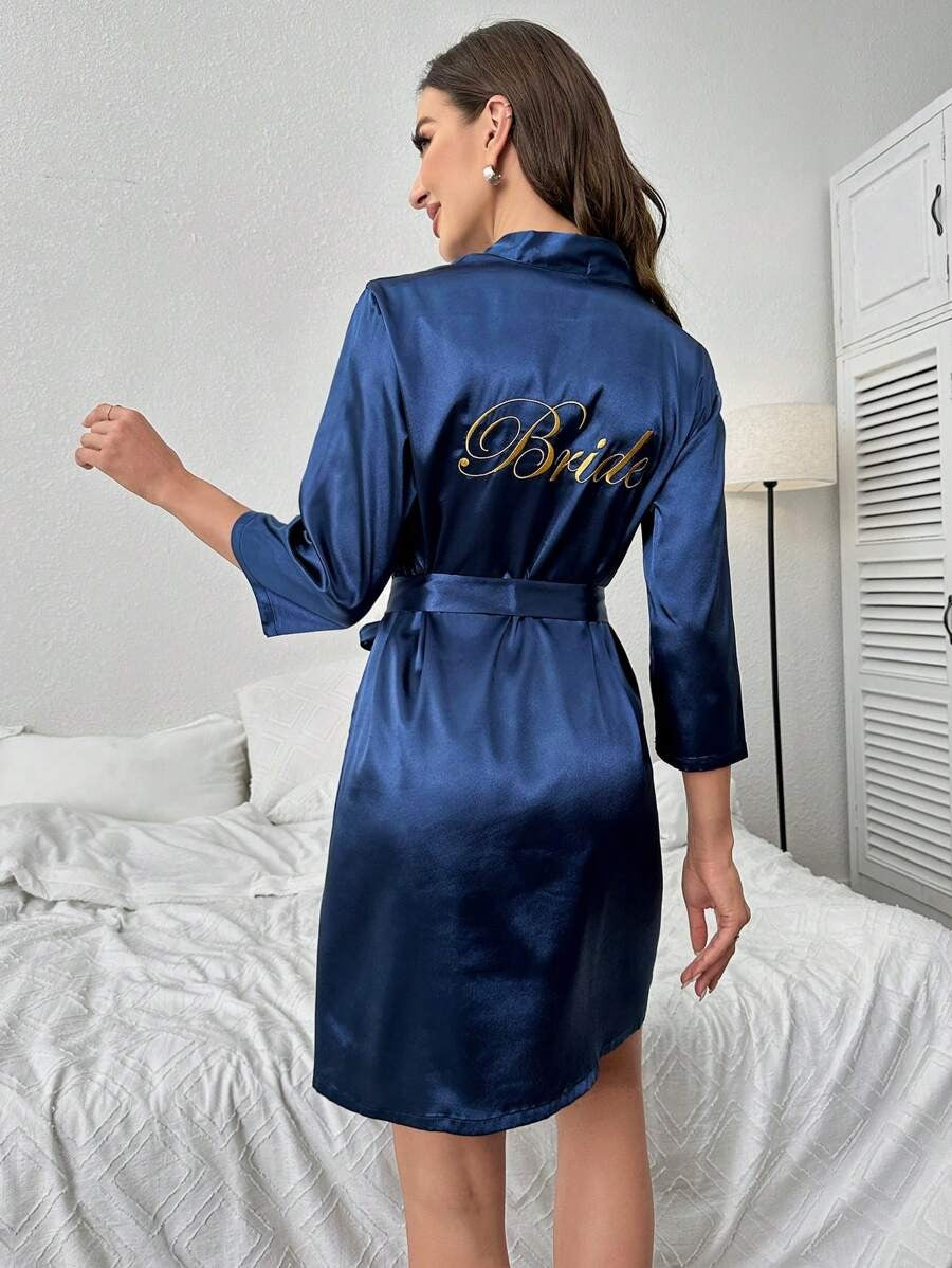 Letter Embroidery Belted Satin Bride Robe-Soco Hoodie