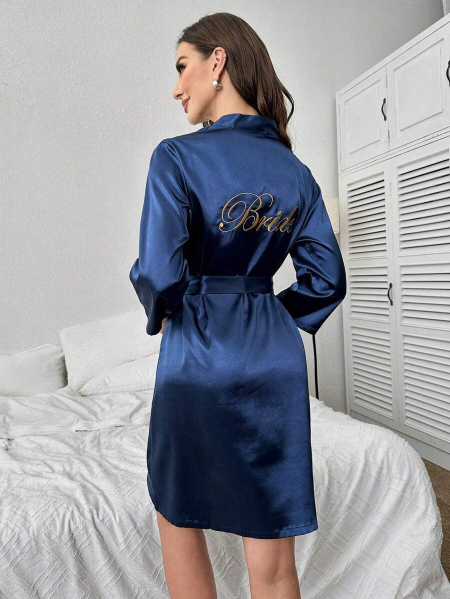 Letter Embroidery Belted Satin Bride Robe-Soco Hoodie