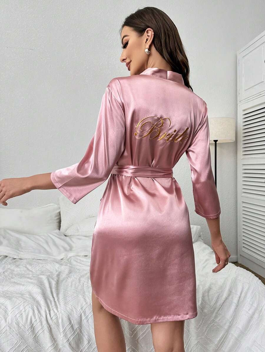 Letter Embroidery Belted Satin Bride Robe-Soco Hoodie