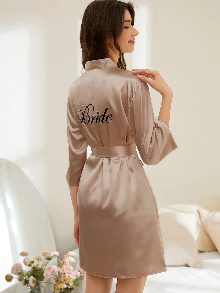 Letter Embroidery Belted Satin Bride Robe-Soco Hoodie
