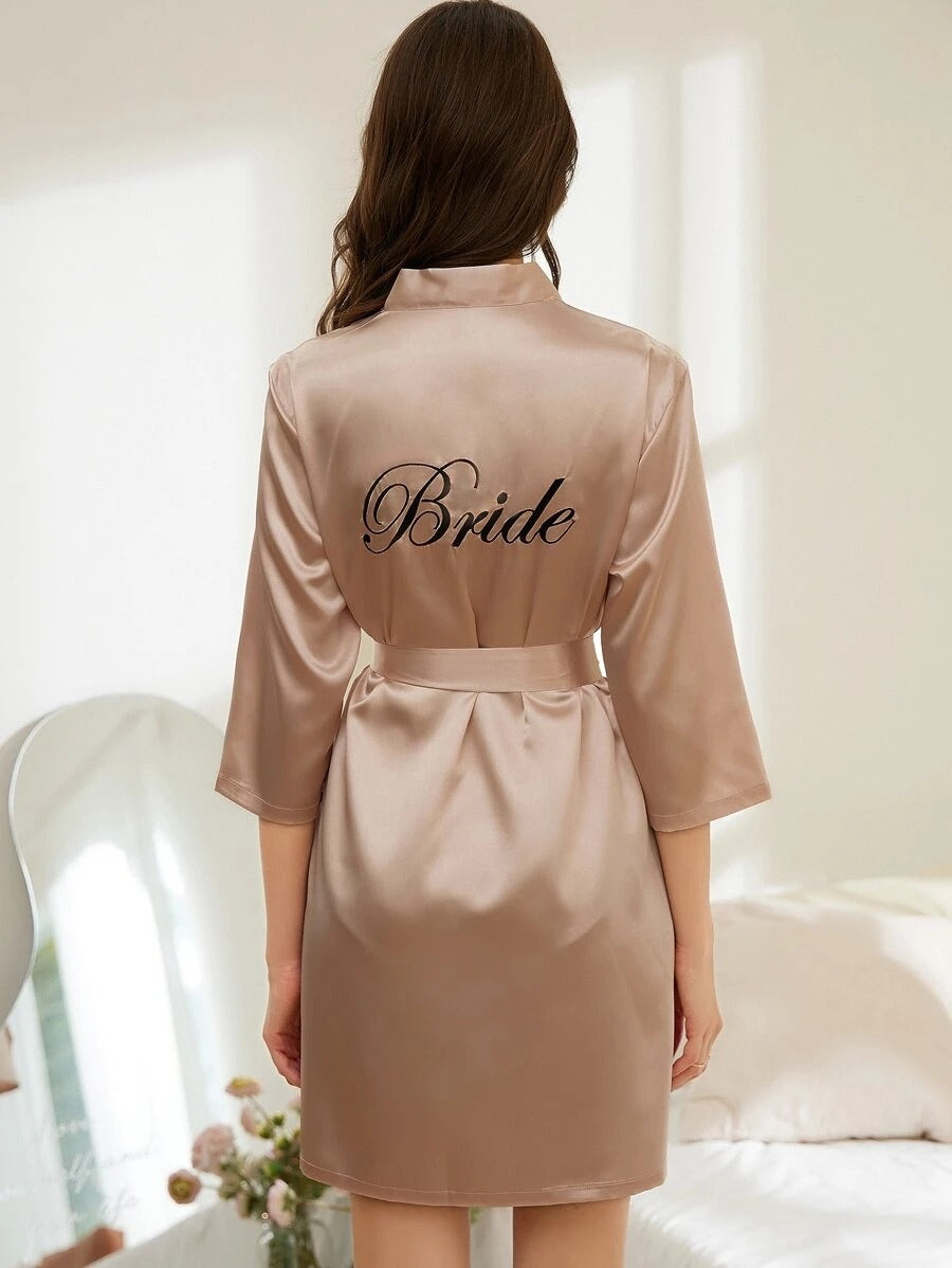 Letter Embroidery Belted Satin Bride Robe-Soco Hoodie