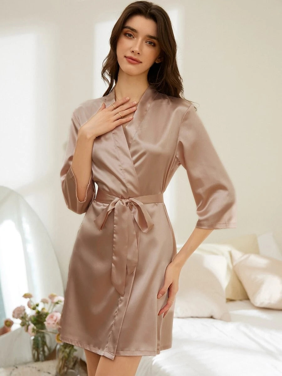 Letter Embroidery Belted Satin Bride Robe-Soco Hoodie