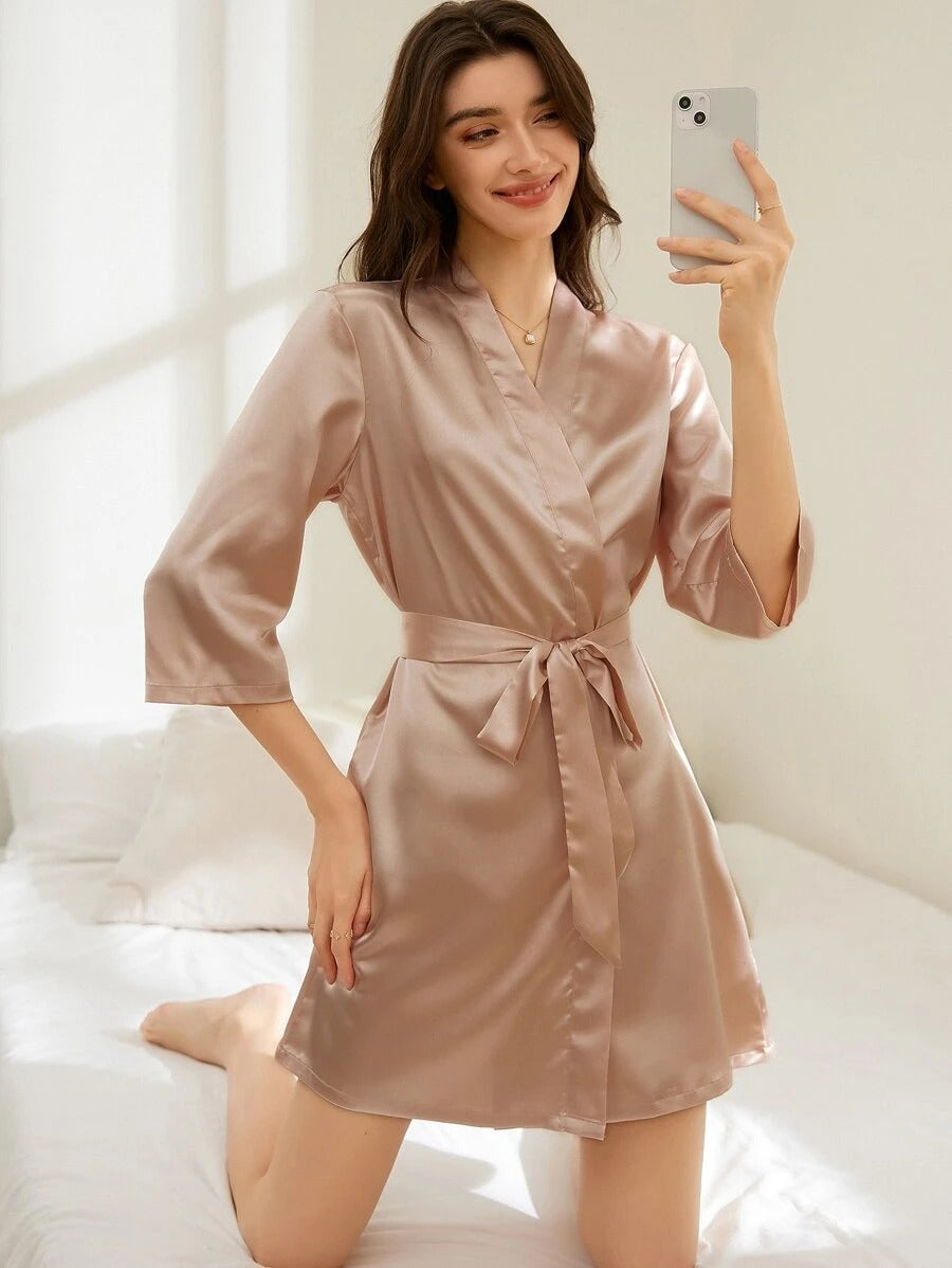 Letter Embroidery Belted Satin Bride Robe-Soco Hoodie