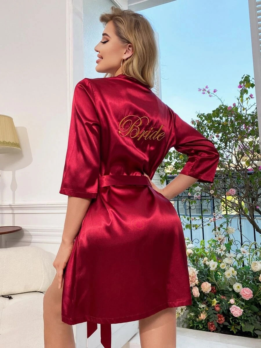Letter Embroidery Belted Satin Bride Robe-Soco Hoodie
