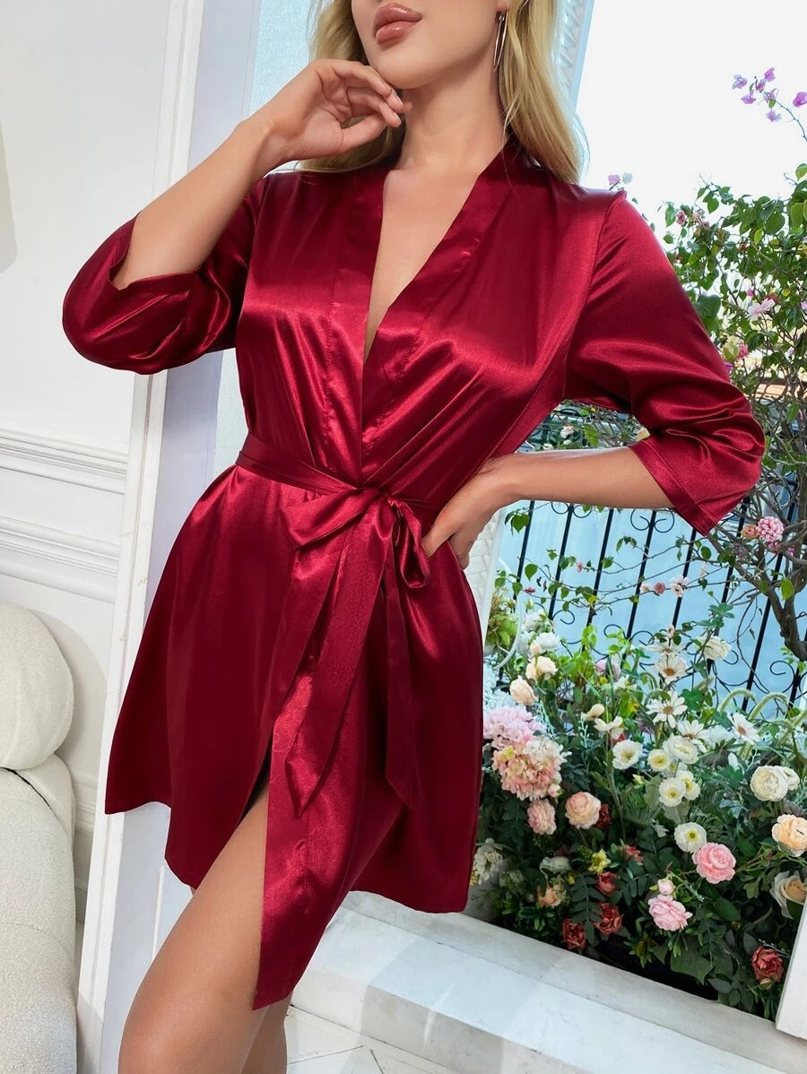 Letter Embroidery Belted Satin Bride Robe-Soco Hoodie