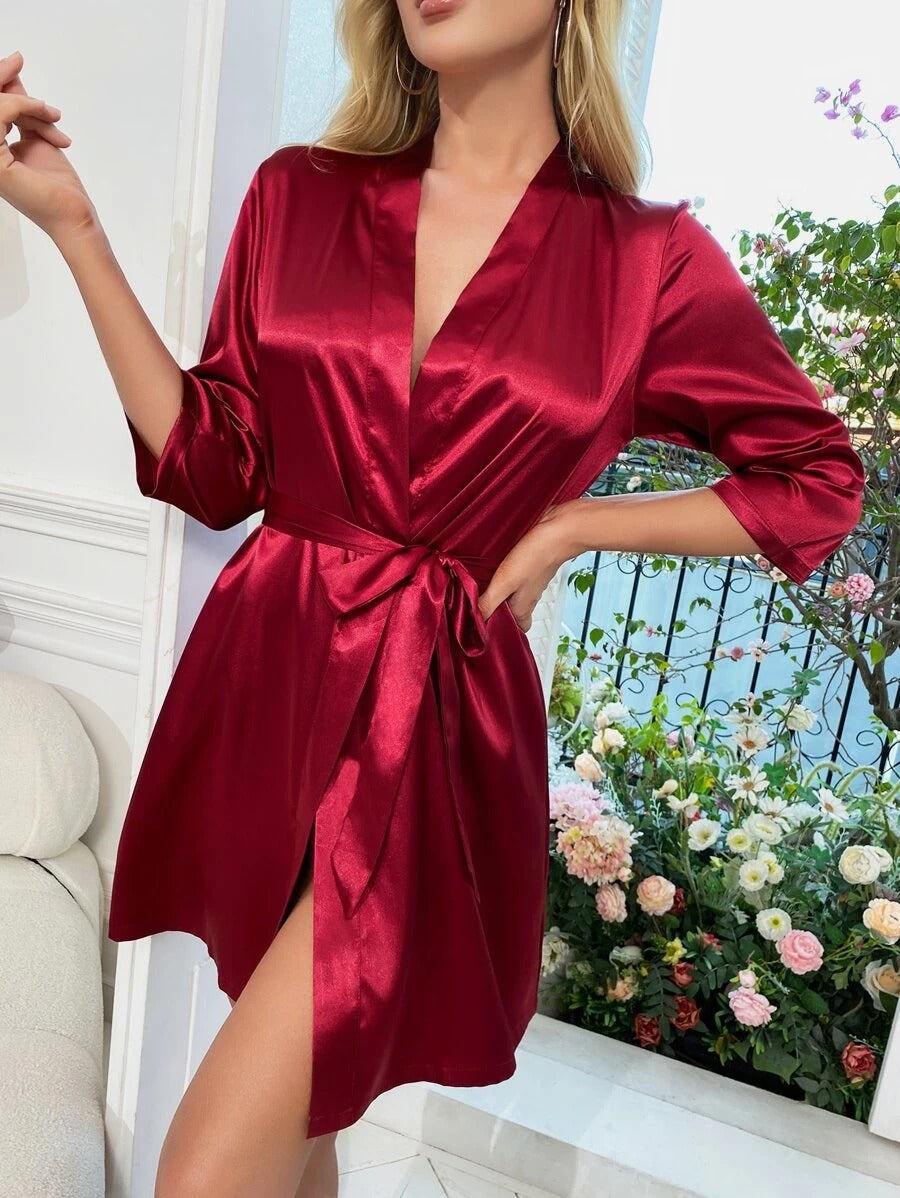 Letter Embroidery Belted Satin Bride Robe-Soco Hoodie