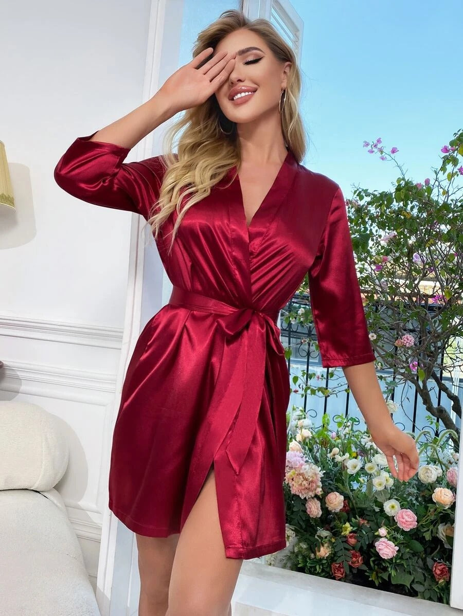 Letter Embroidery Belted Satin Bride Robe-Soco Hoodie