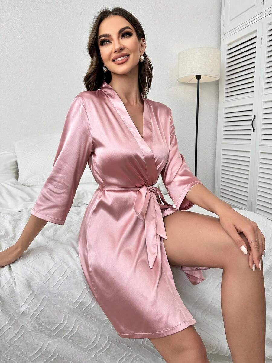 Letter Embroidery Belted Satin Bride Robe-Soco Hoodie