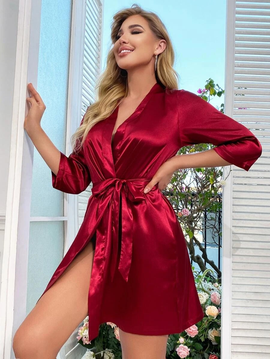 Letter Embroidery Belted Satin Bride Robe-Soco Hoodie