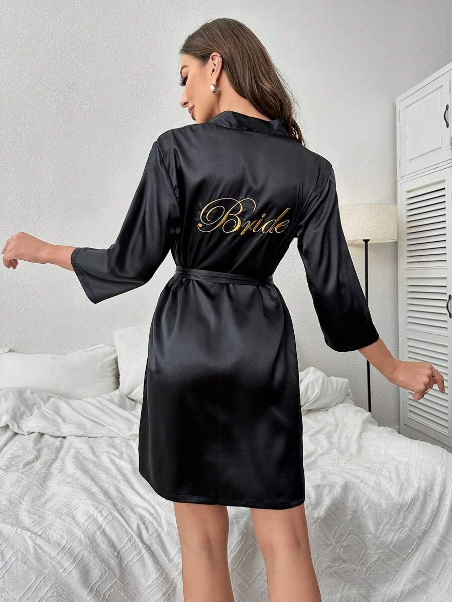 Letter Embroidery Belted Satin Bride Robe-Soco Hoodie