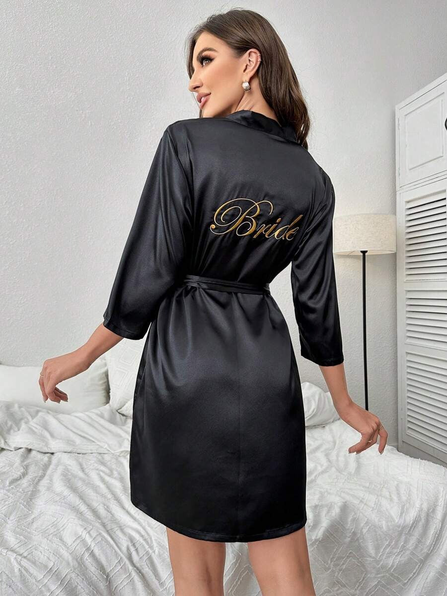 Letter Embroidery Belted Satin Bride Robe-Soco Hoodie