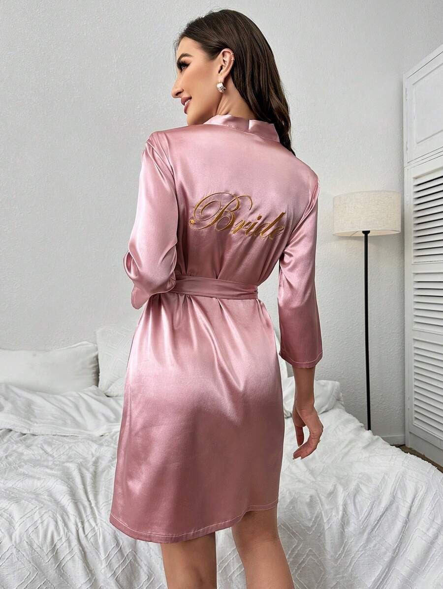 Letter Embroidery Belted Satin Bride Robe-Soco Hoodie