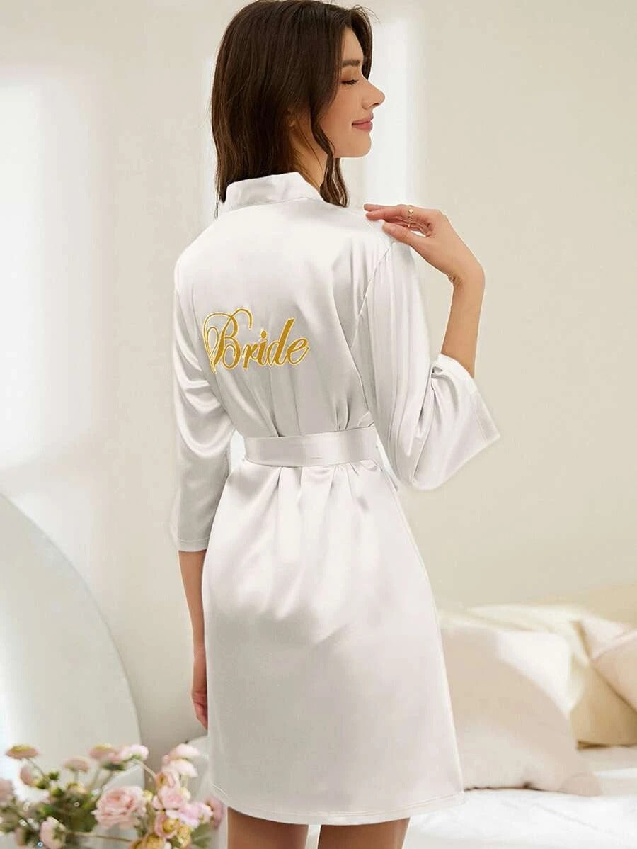 Letter Embroidery Belted Satin Bride Robe-Soco Hoodie