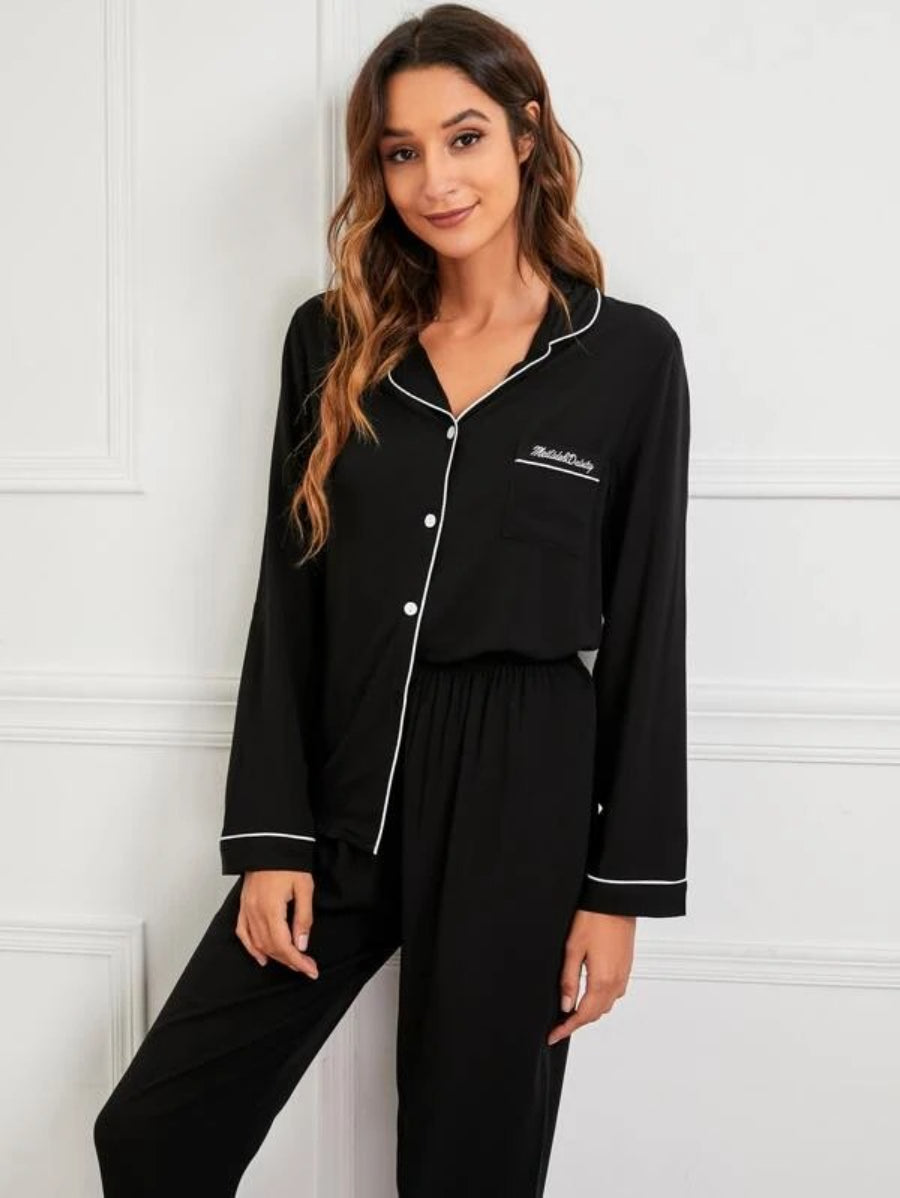 Letter Embroidery Patched Pocket Contrast Piping Pant Set-Soco Hoodie