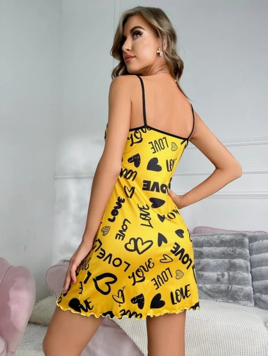 Letter Graphic Lettuce Trim Contrast Binding Cami Nightdress-Soco Hoodie