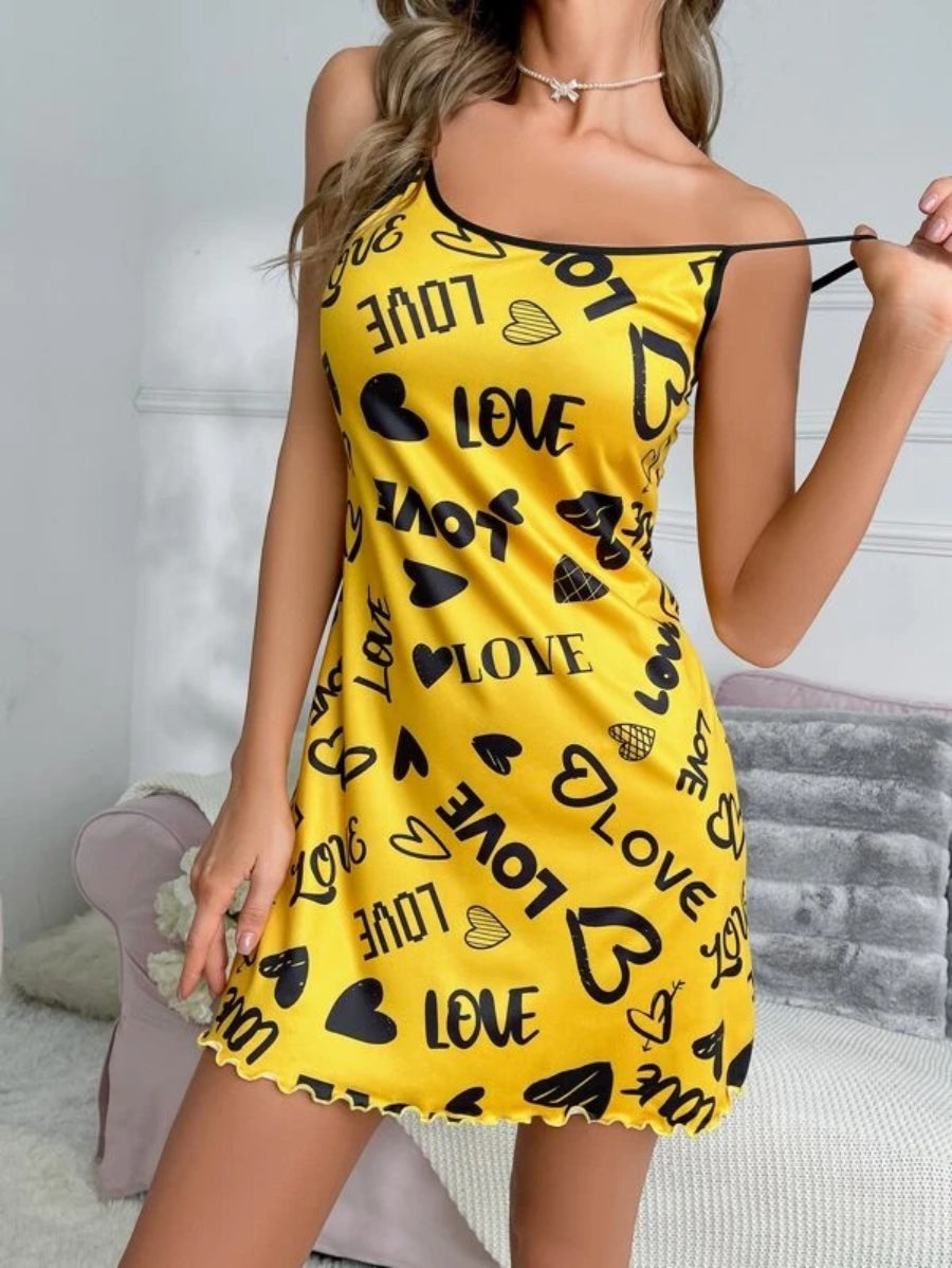 Letter Graphic Lettuce Trim Contrast Binding Cami Nightdress-Soco Hoodie