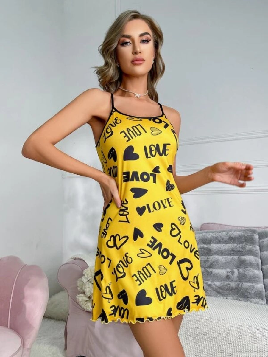 Letter Graphic Lettuce Trim Contrast Binding Cami Nightdress-Soco Hoodie