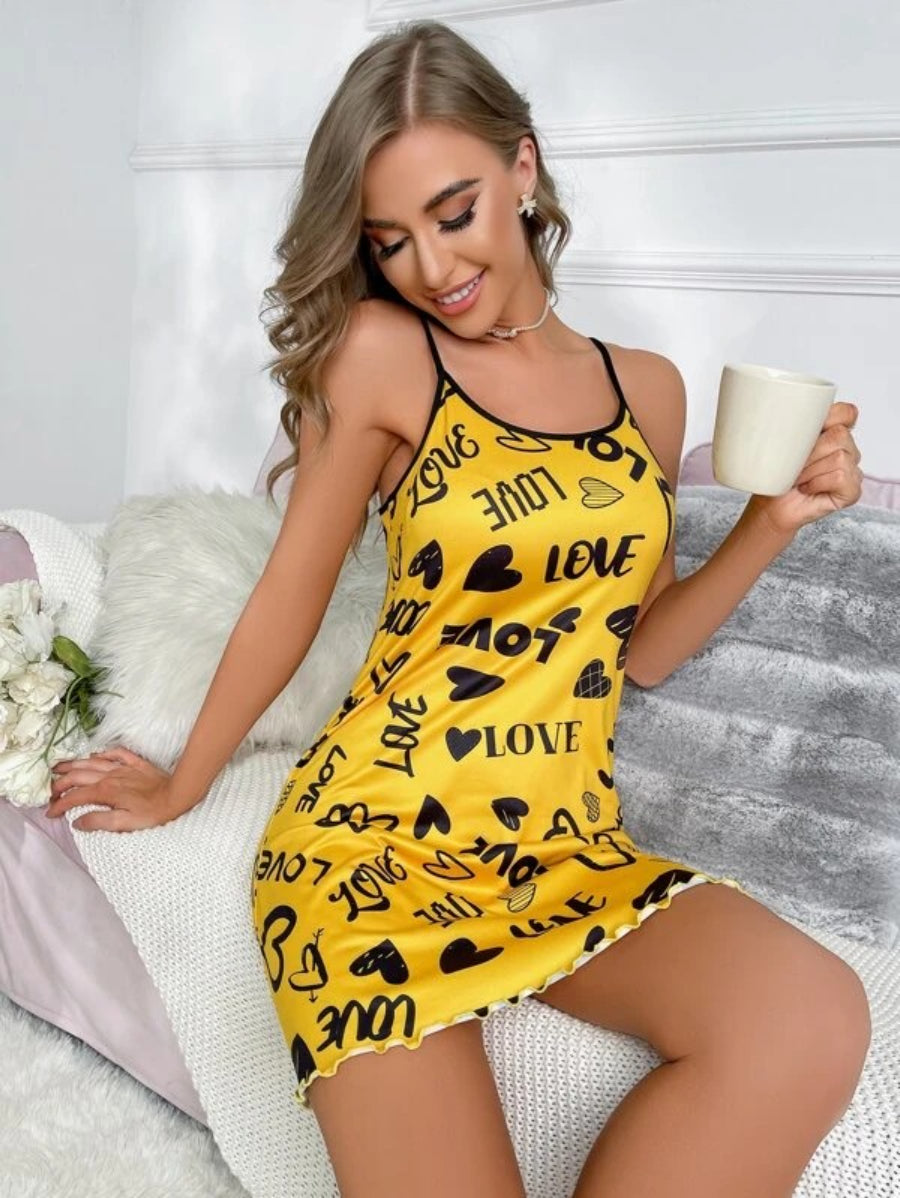 Letter Graphic Lettuce Trim Contrast Binding Cami Nightdress-Soco Hoodie