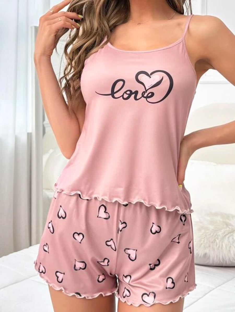 Letter Graphic Printed Lettuce Trim Shorts Set-Soco Hoodie