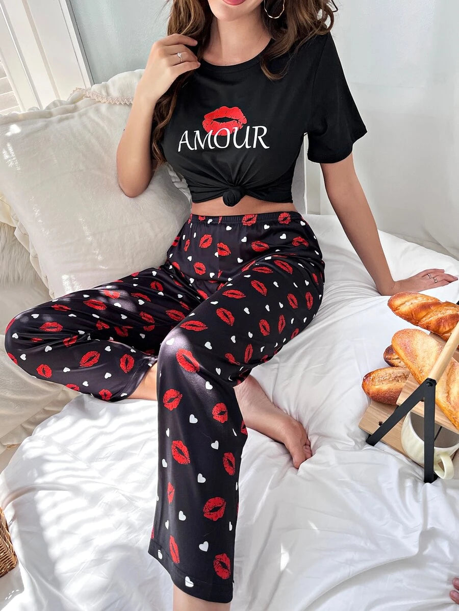 Letter Graphic Printed Tee And Pants Set-Soco Hoodie