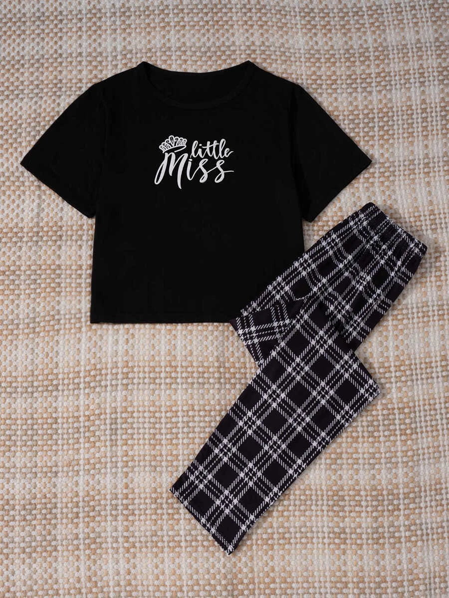 Casual Letter Graphic Tee And Plaid Pants Pajama Set-Soco Hoodie