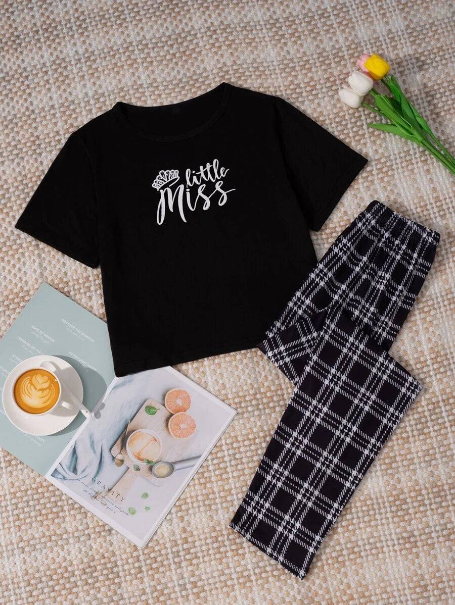 Casual Letter Graphic Tee And Plaid Pants Pajama Set-Soco Hoodie