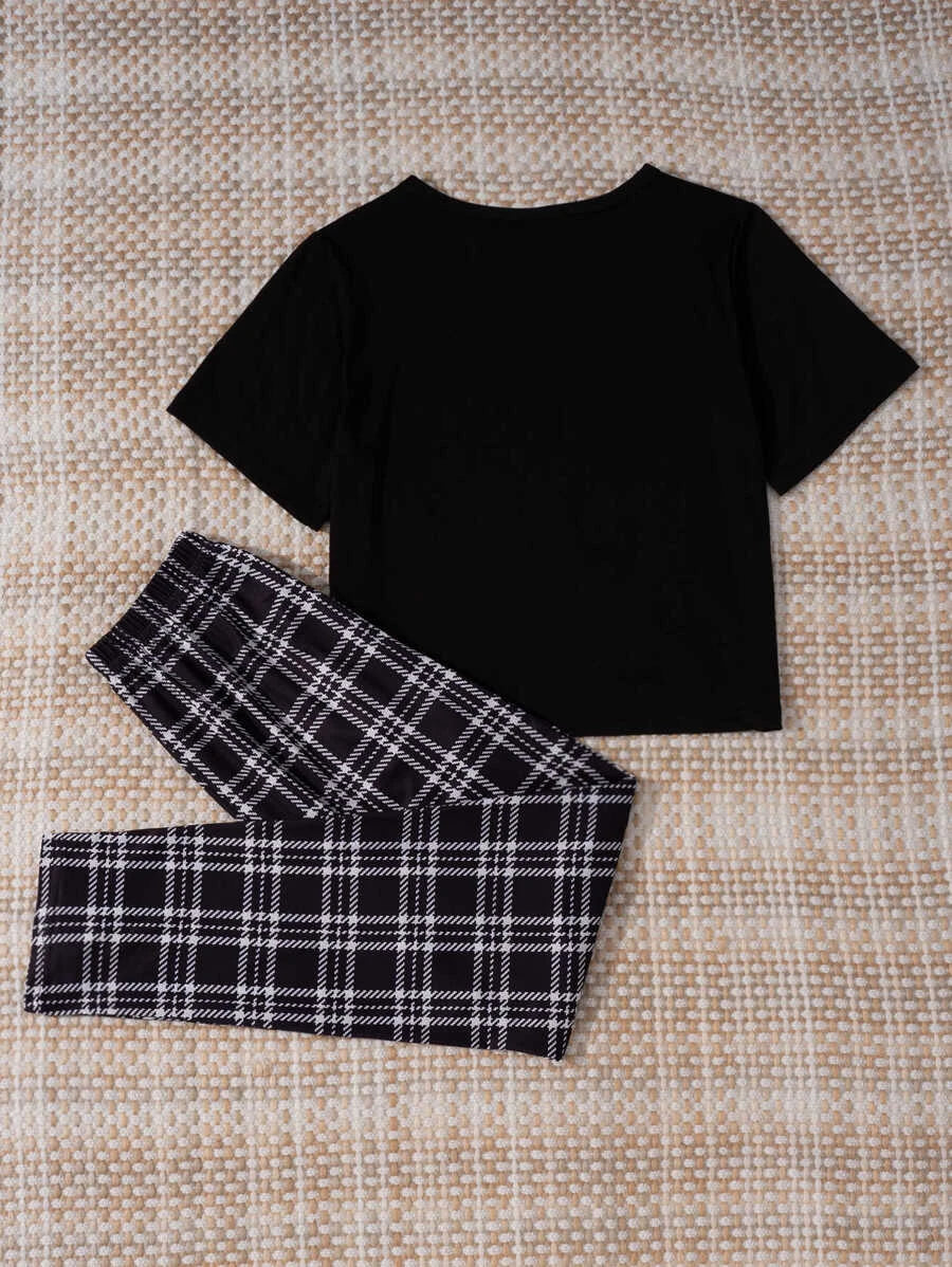 Casual Letter Graphic Tee And Plaid Pants Pajama Set-Soco Hoodie
