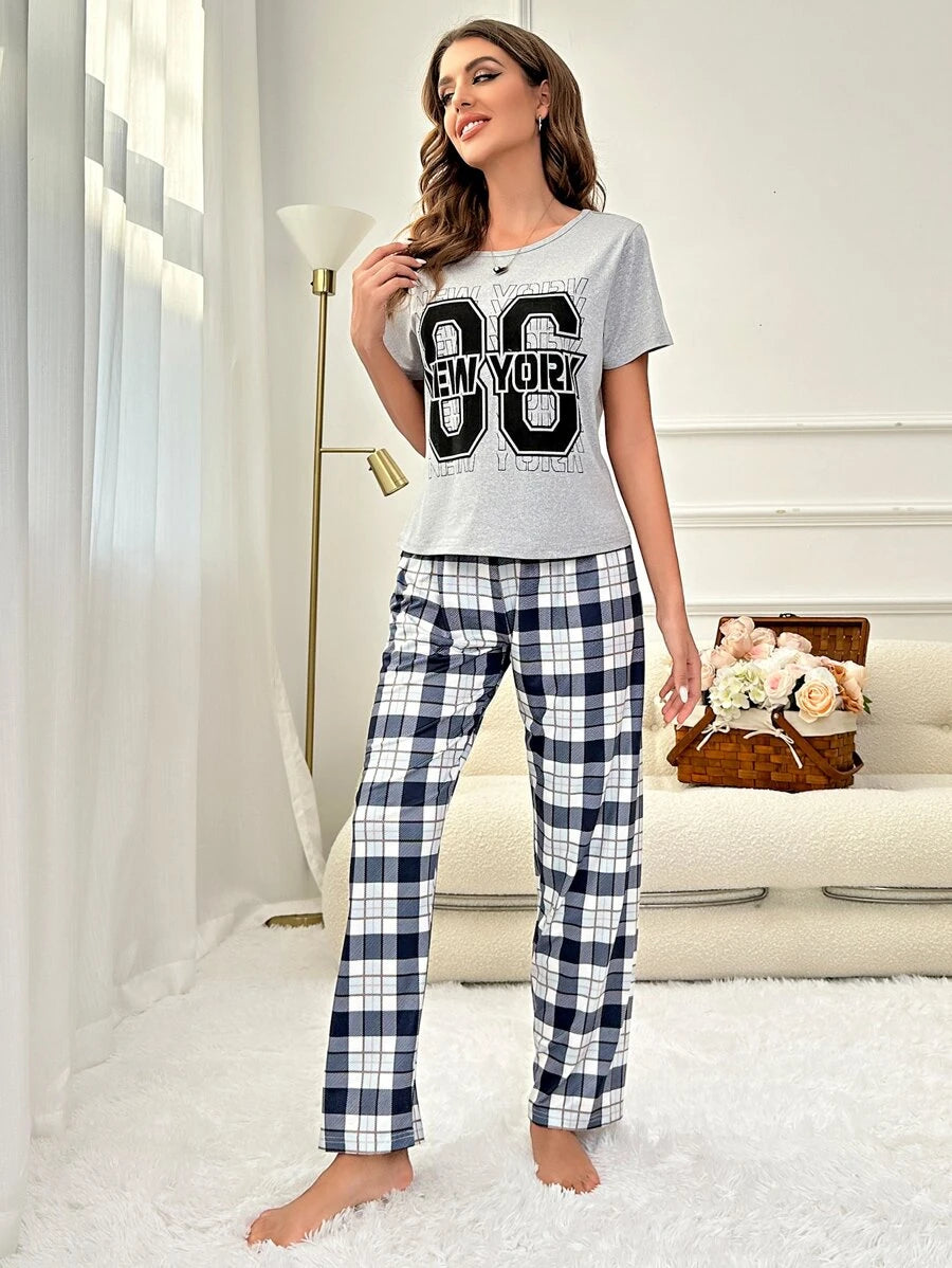Slight Stretch Letter Graphic Tee And Plaid Print Pants Set-Soco Hoodie