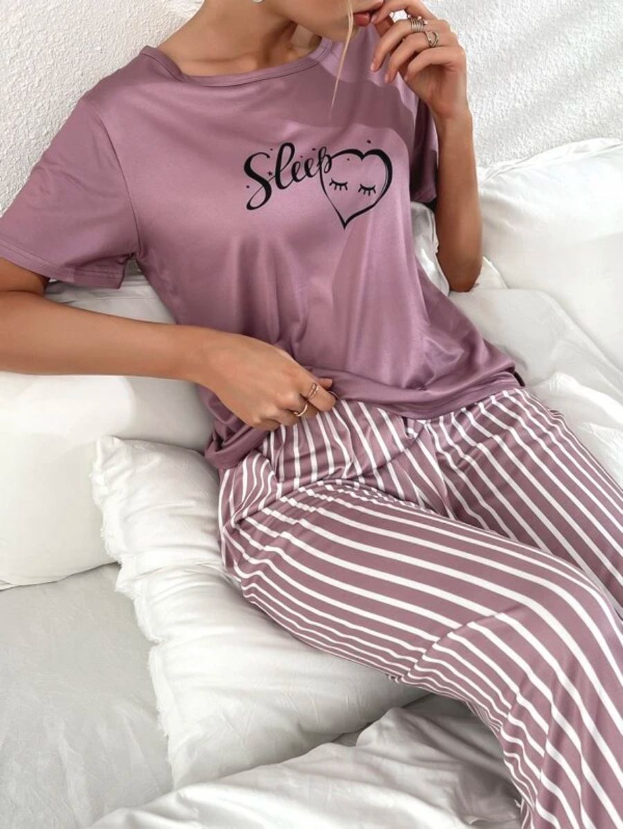Letter Graphic Tee And Striped Pants Set-Soco Hoodie