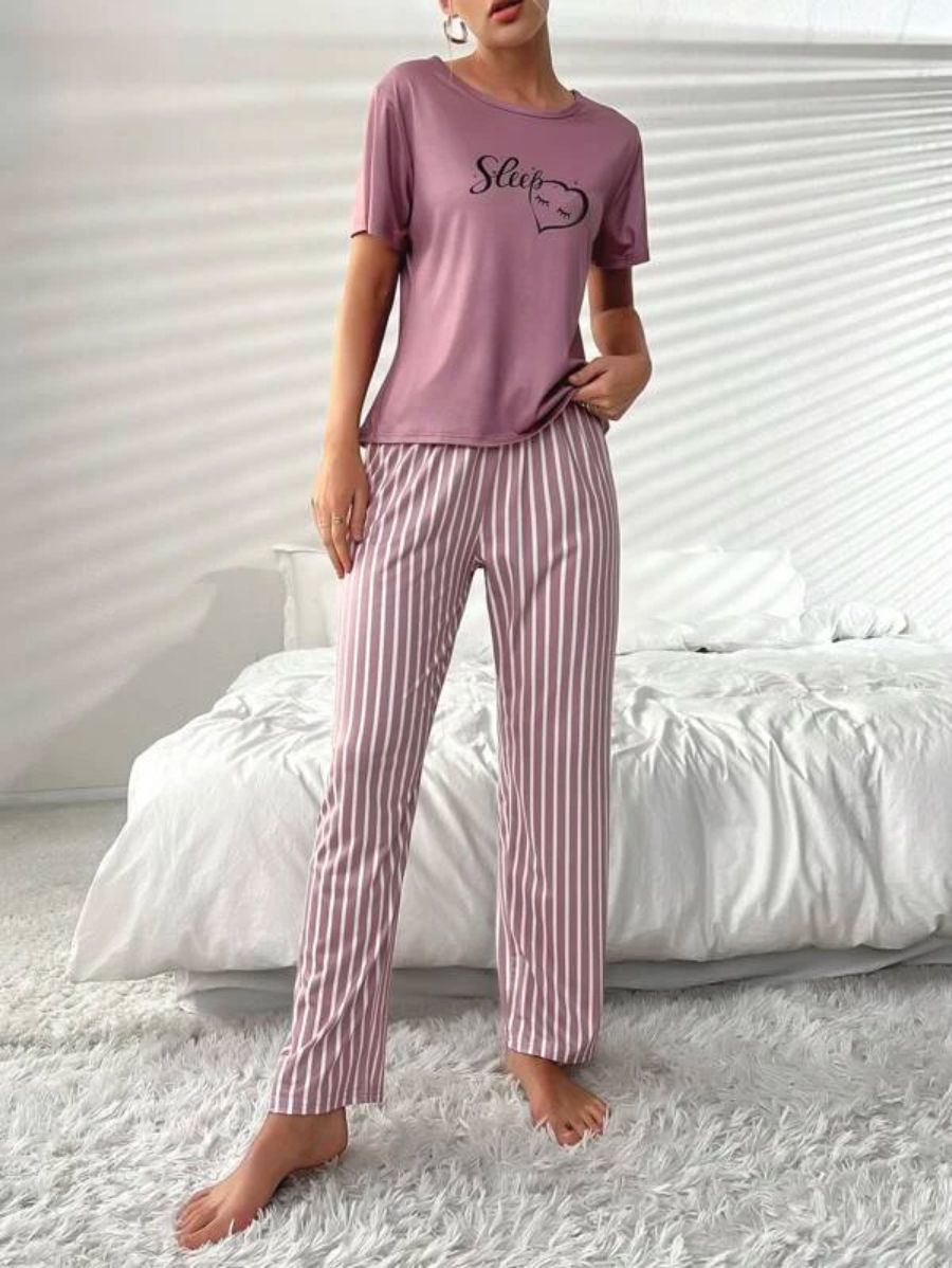 Letter Graphic Tee And Striped Pants Set-Soco Hoodie