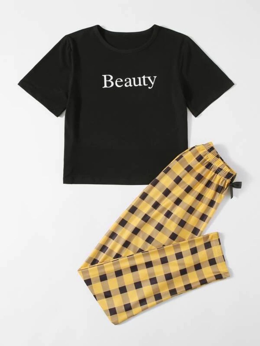 Letter Graphic Tee And Striped Pants Set-Soco Hoodie
