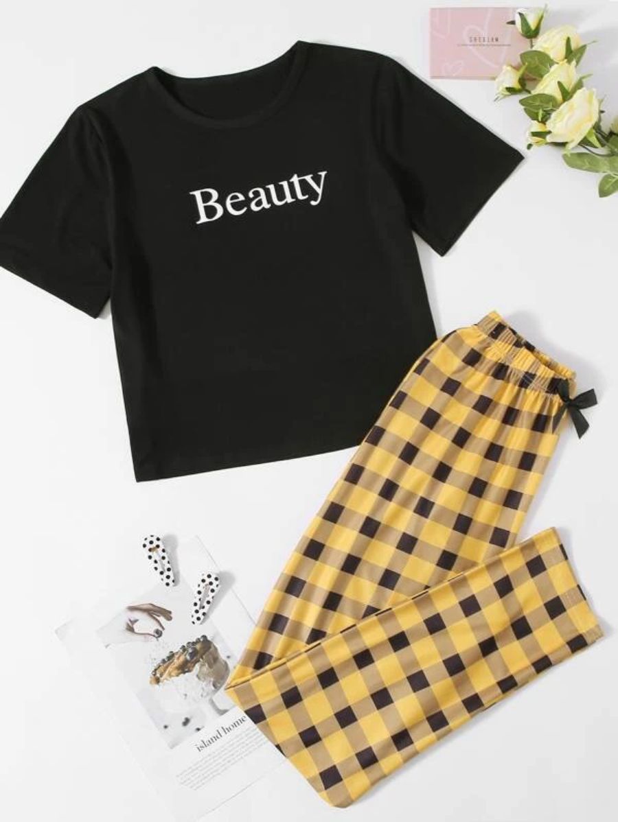 Letter Graphic Tee And Striped Pants Set-Soco Hoodie