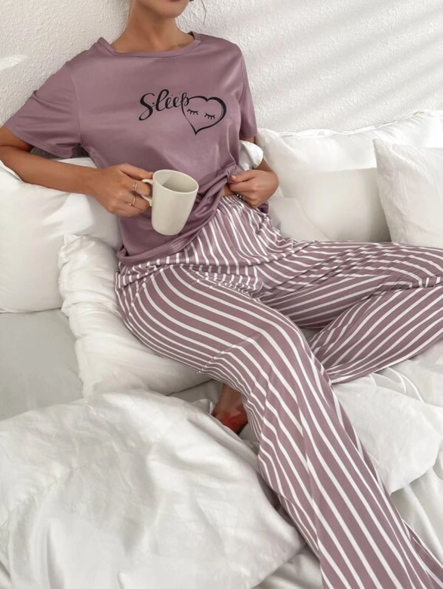 Letter Graphic Tee And Striped Pants Set-Soco Hoodie