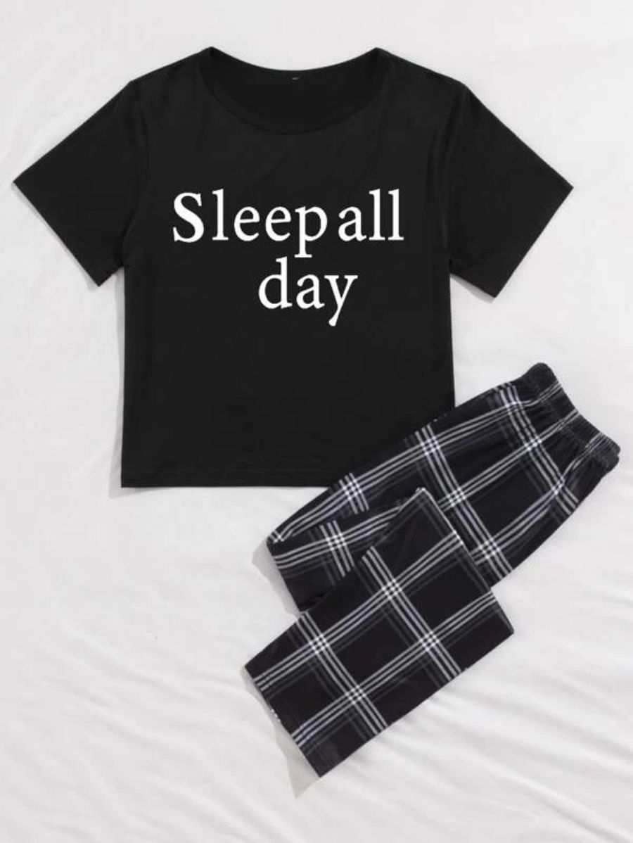 Letter Graphic Tee And Striped Pants Set-Soco Hoodie