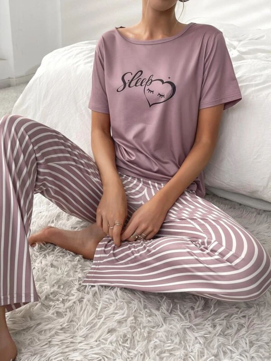 Letter Graphic Tee And Striped Pants Set-Soco Hoodie