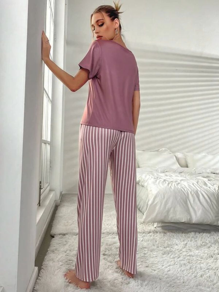 Letter Graphic Tee And Striped Pants Set-Soco Hoodie