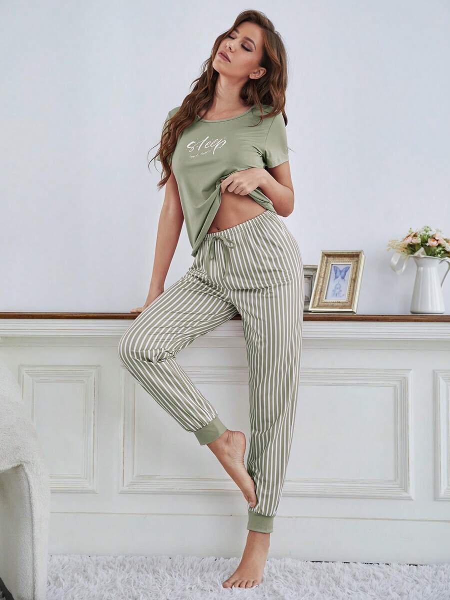 Letter Graphic T Shirt And Striped Pants Set-Soco Hoodie