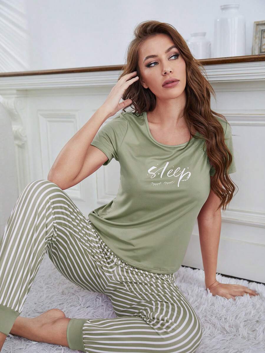 Letter Graphic T Shirt And Striped Pants Set-Soco Hoodie